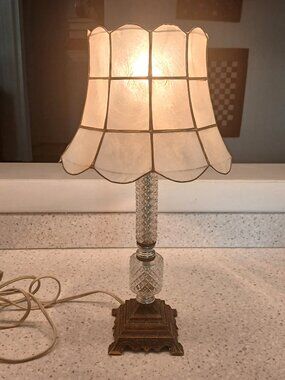 Antique 15 in Small Crystal/Glass Brass Boudoir Table Lamp Vintage Capiz Shade